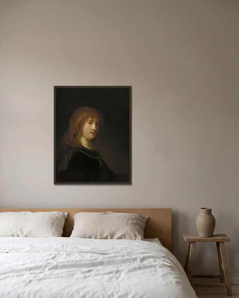 Saskia van Uylenburgh,the Wife of the Artist (probably begun 1634-1635 and completed 1638-1640) av Rembrandt van Rijn inramad på en vägg