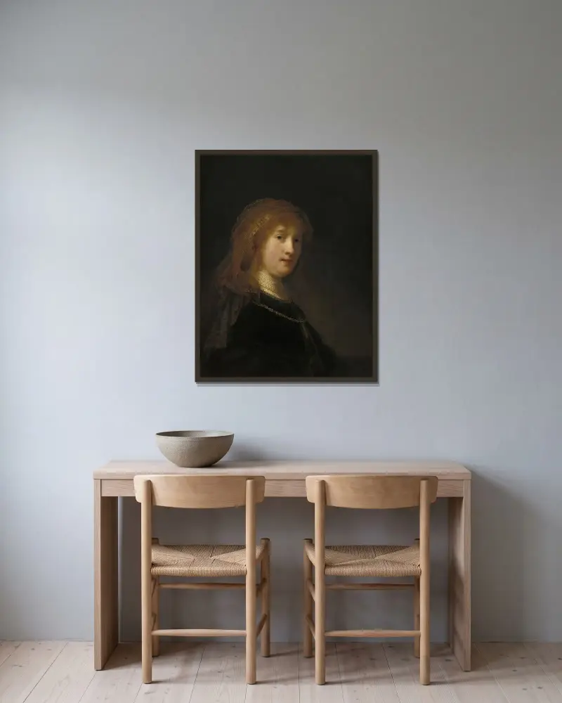 Saskia van Uylenburgh,the Wife of the Artist (probably begun 1634-1635 and completed 1638-1640) av Rembrandt van Rijn inramad på en vägg