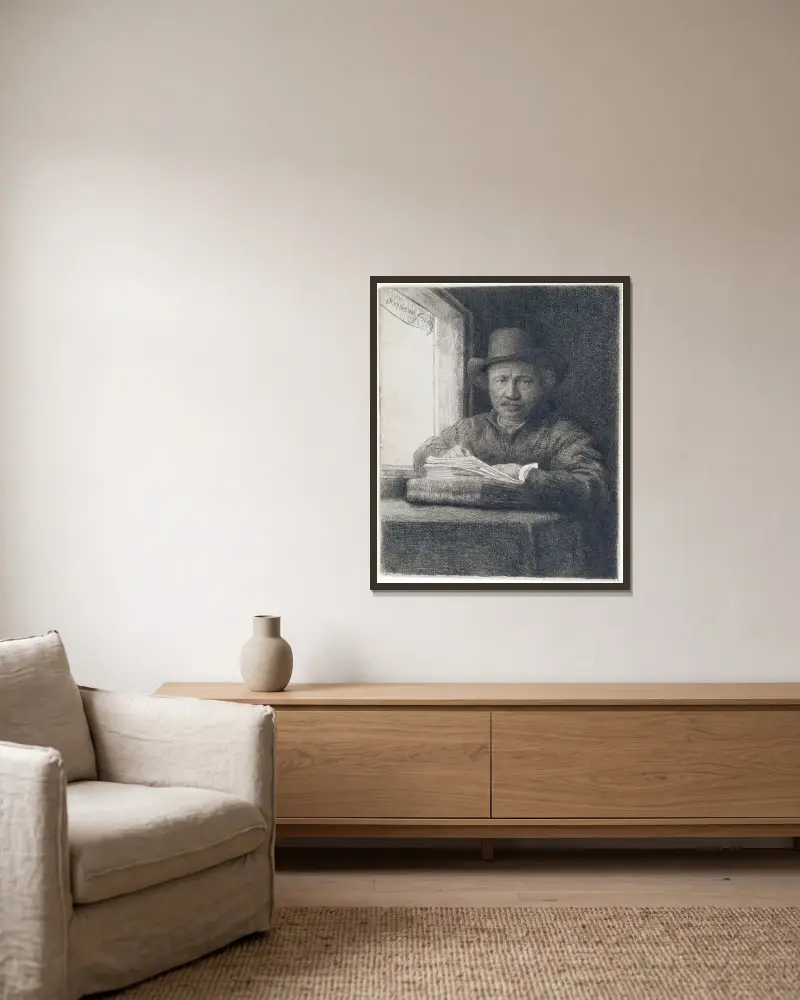 Selbstbildnis, Radierung an einem Fenster von Rembrandt van Rijn gerahmt an einer Wand