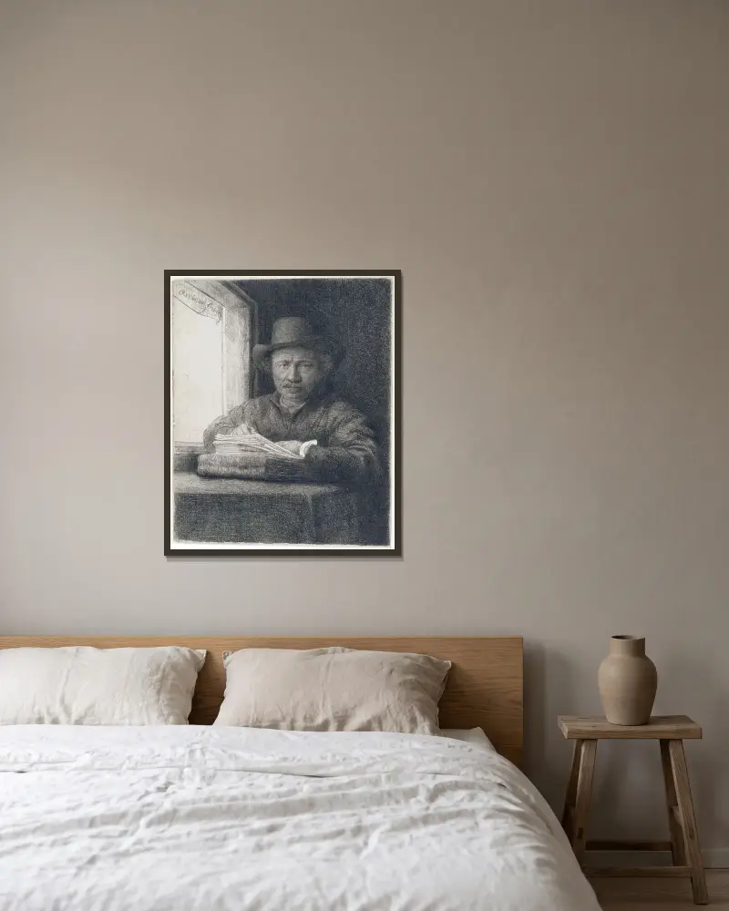 Selbstbildnis, Radierung an einem Fenster von Rembrandt van Rijn gerahmt an einer Wand