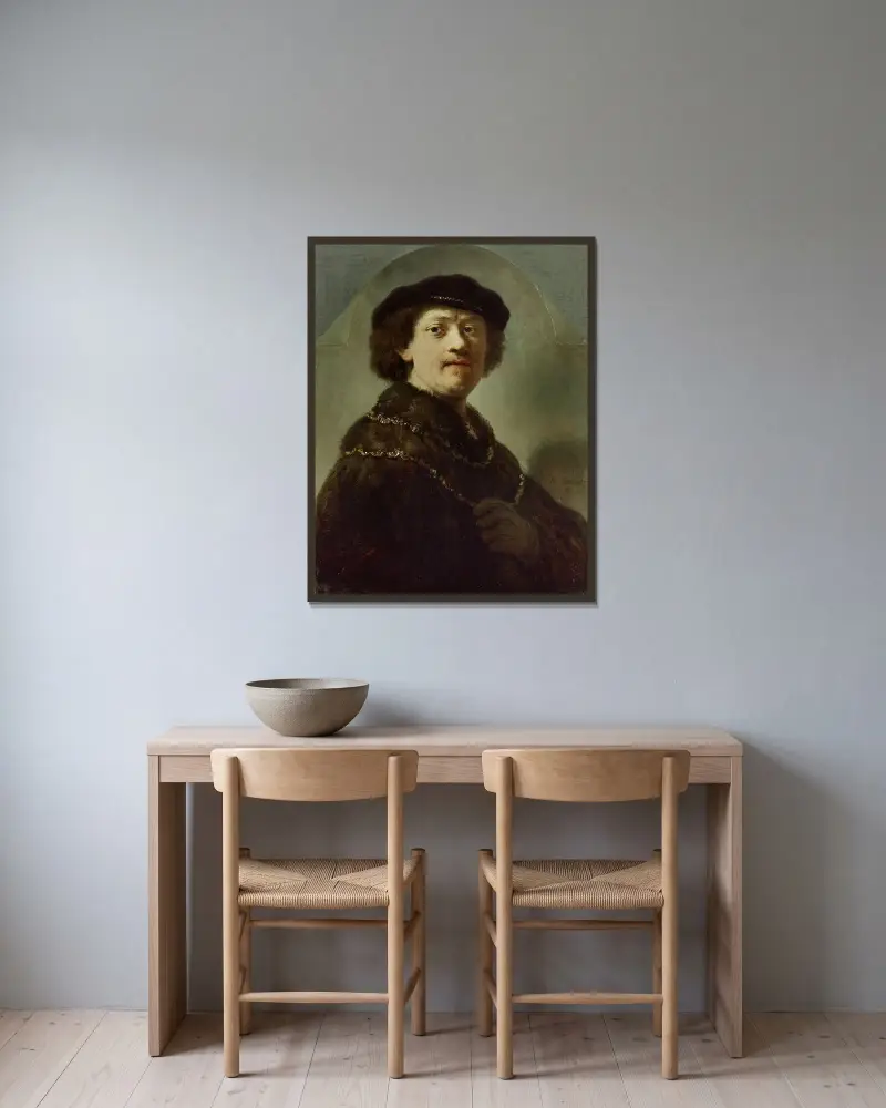 Selbstbildnis mit schwarzer Mütze von Rembrandt van Rijn gerahmt an einer Wand