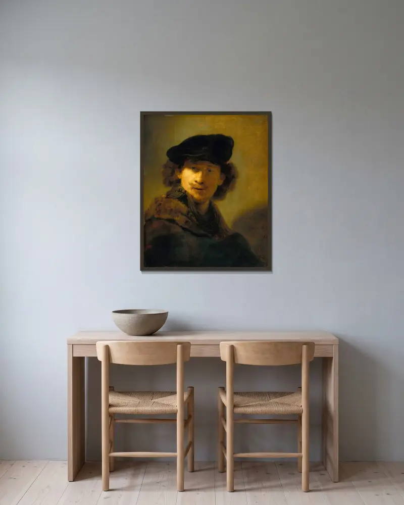 Self-portrait in a Velvet Beret av Rembrandt van Rijn inramad på en vägg