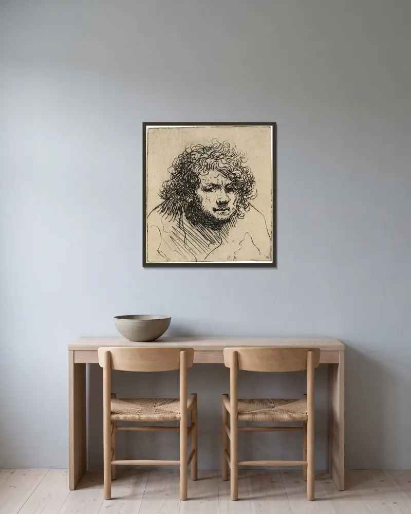 Autoportrét: předkloněná busta, Rembrandt van Rijn v rámu na stěně