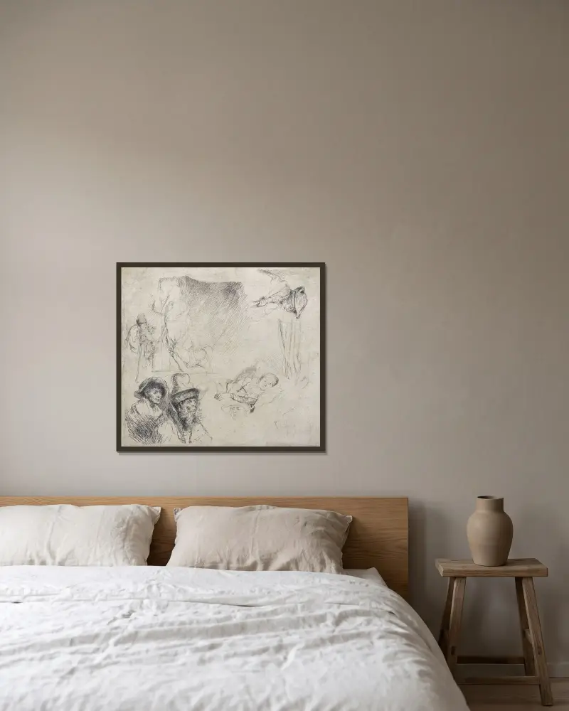Studienblatt (mit einer kranken Frau im Bett) von Rembrandt van Rijn gerahmt an einer Wand