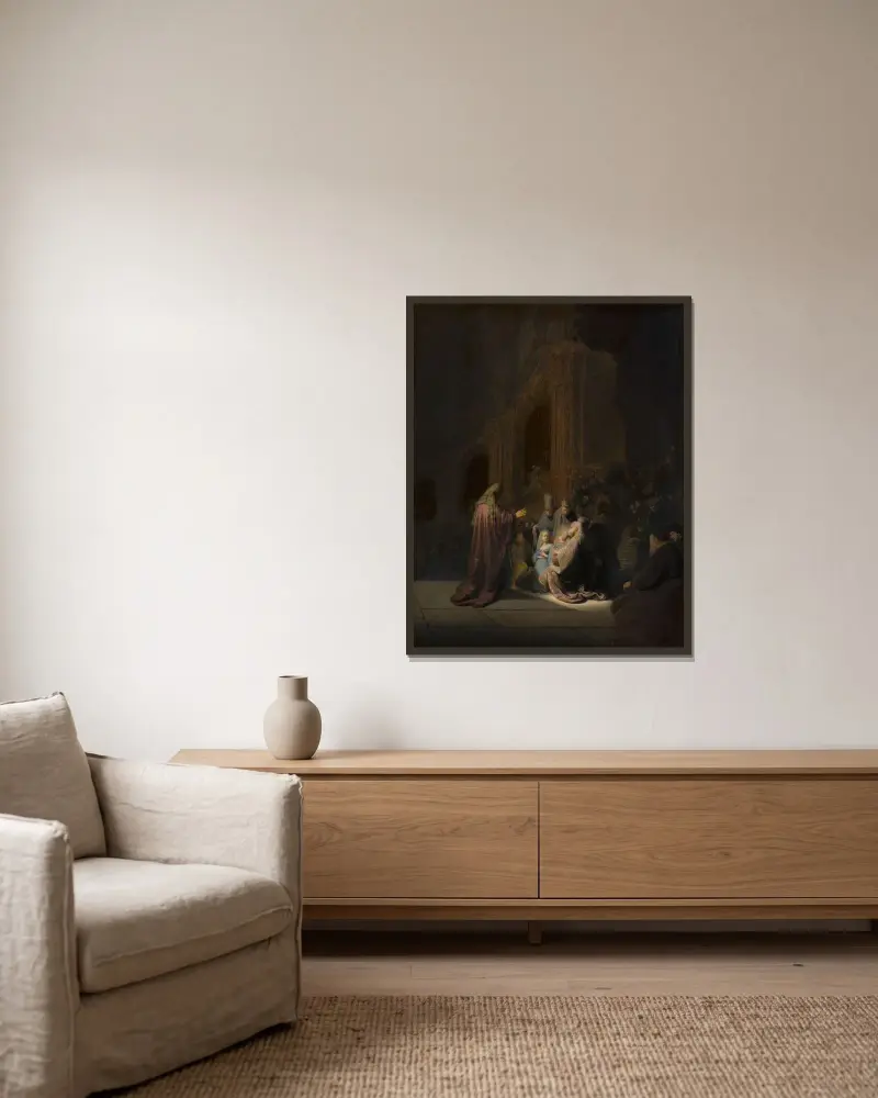 Simeon’s Song of Praise av Rembrandt van Rijn inramad på en vägg