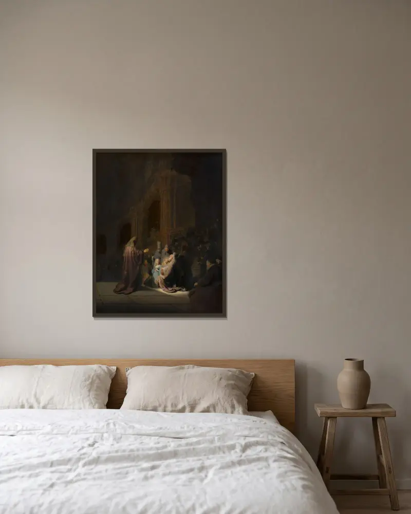 Simeon’s Song of Praise av Rembrandt van Rijn inramad på en vägg