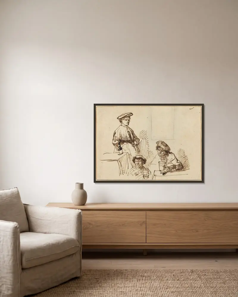 Sketches from a Tavern – Woman Standing and Two Men Seated av Rembrandt van Rijn inramad på en vägg
