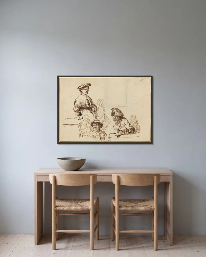 Sketches from a Tavern – Woman Standing and Two Men Seated av Rembrandt van Rijn inramad på en vägg