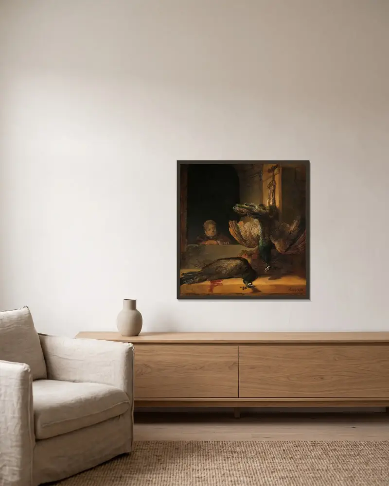 Stillleben mit Pfauen von Rembrandt van Rijn gerahmt an einer Wand