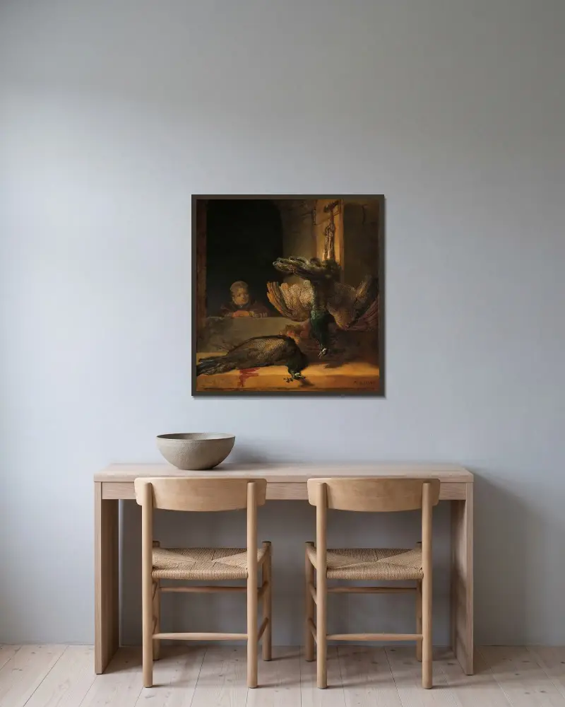 Stillleben mit Pfauen von Rembrandt van Rijn gerahmt an einer Wand