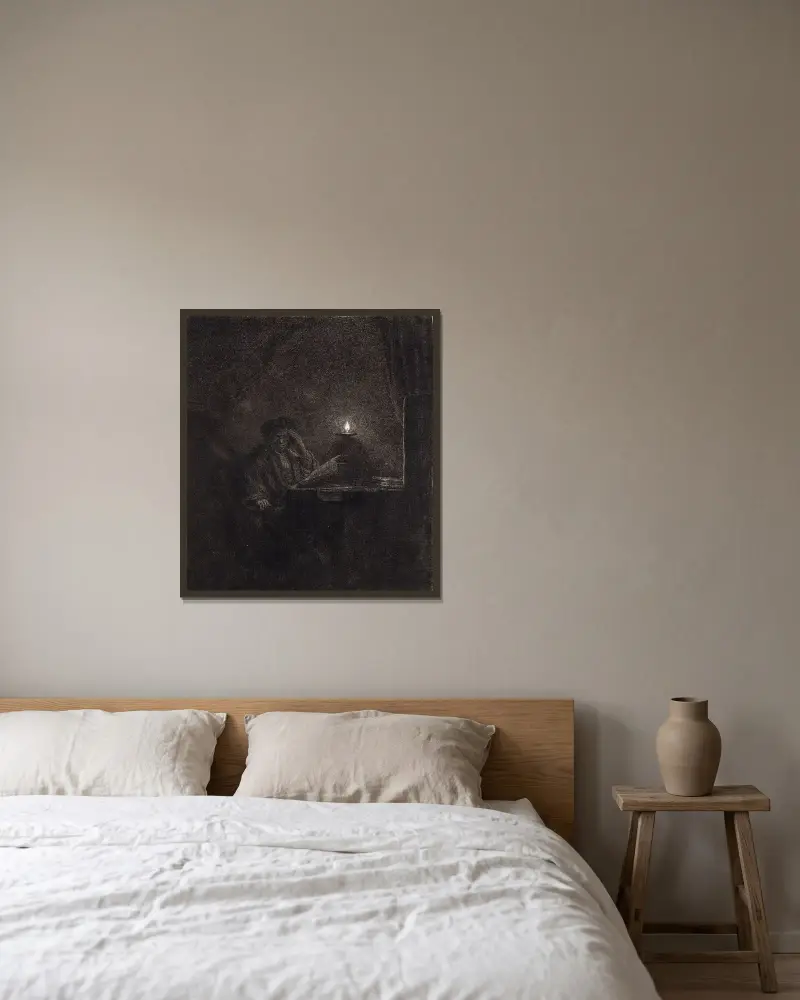 Student przy stole przy świecy, Rembrandt van Rijn w ramie na ścianie