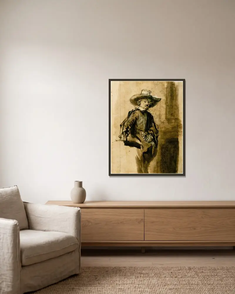 Study for one of the Syndics, Volckert Jansz. av Rembrandt van Rijn inramad på en vägg