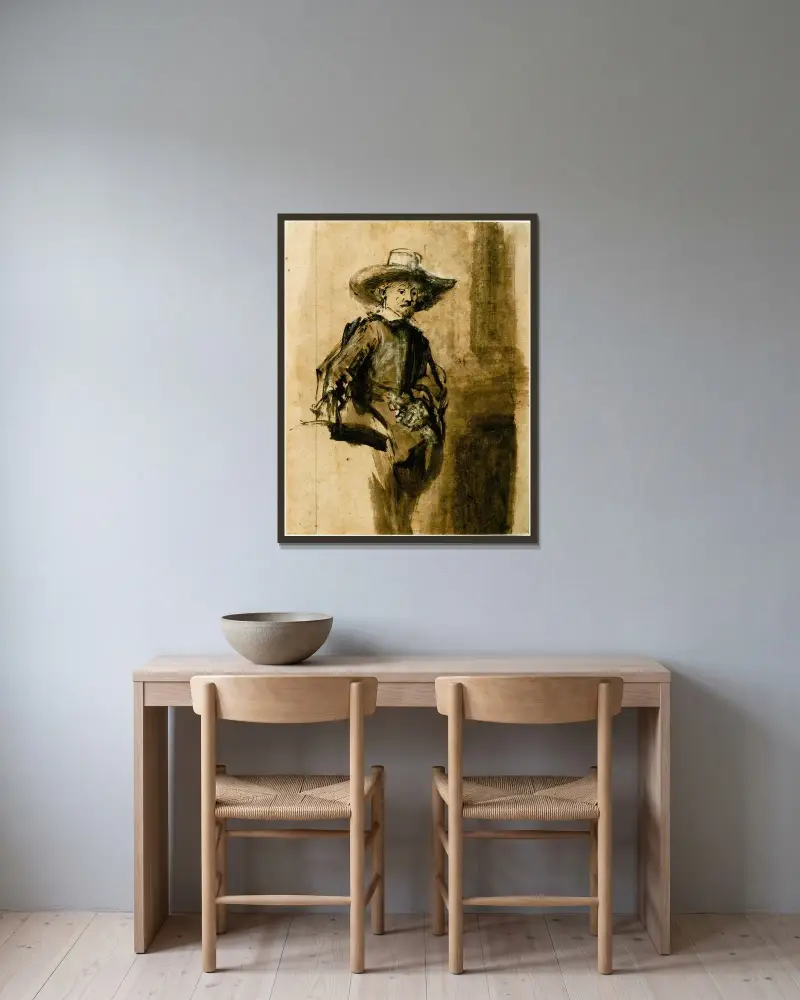 Study for one of the Syndics, Volckert Jansz. av Rembrandt van Rijn inramad på en vägg