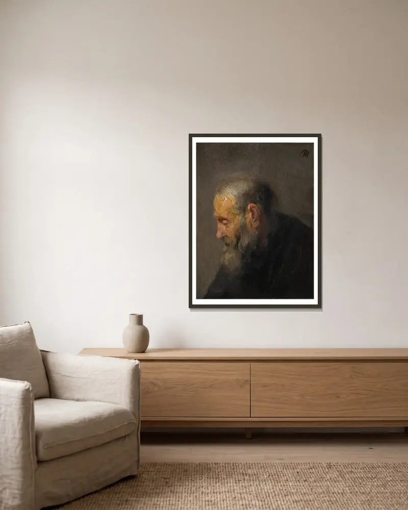 Study of an Old Man in Profile av Rembrandt van Rijn inramad på en vägg