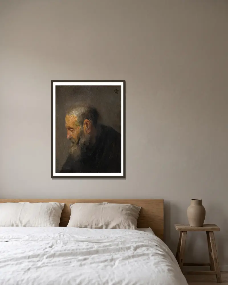 Study of an Old Man in Profile av Rembrandt van Rijn inramad på en vägg