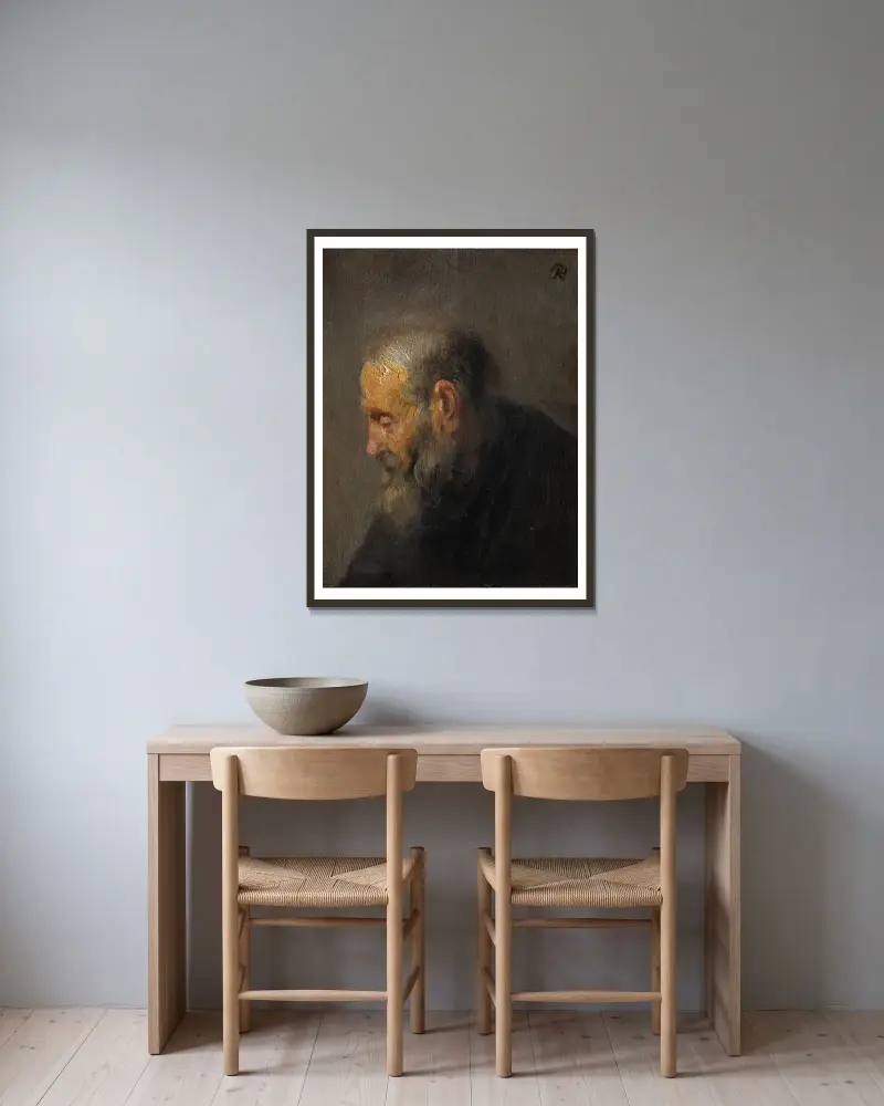 Study of an Old Man in Profile av Rembrandt van Rijn inramad på en vägg