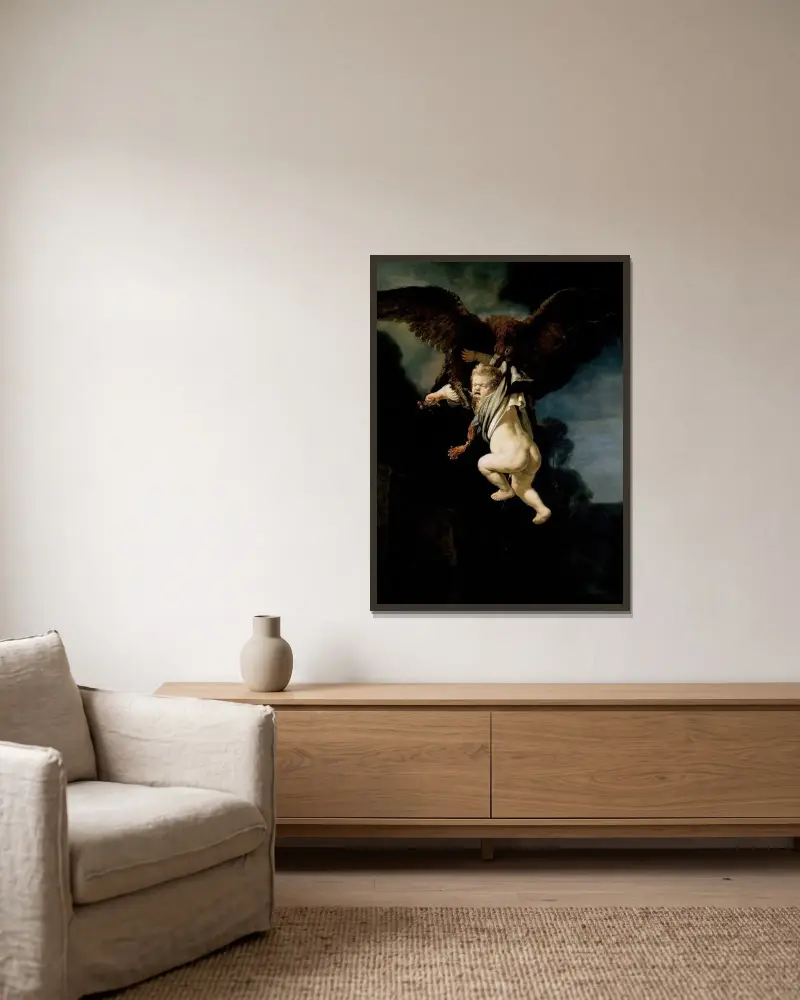 The Abduction of Ganymede av Rembrandt van Rijn inramad på en vägg