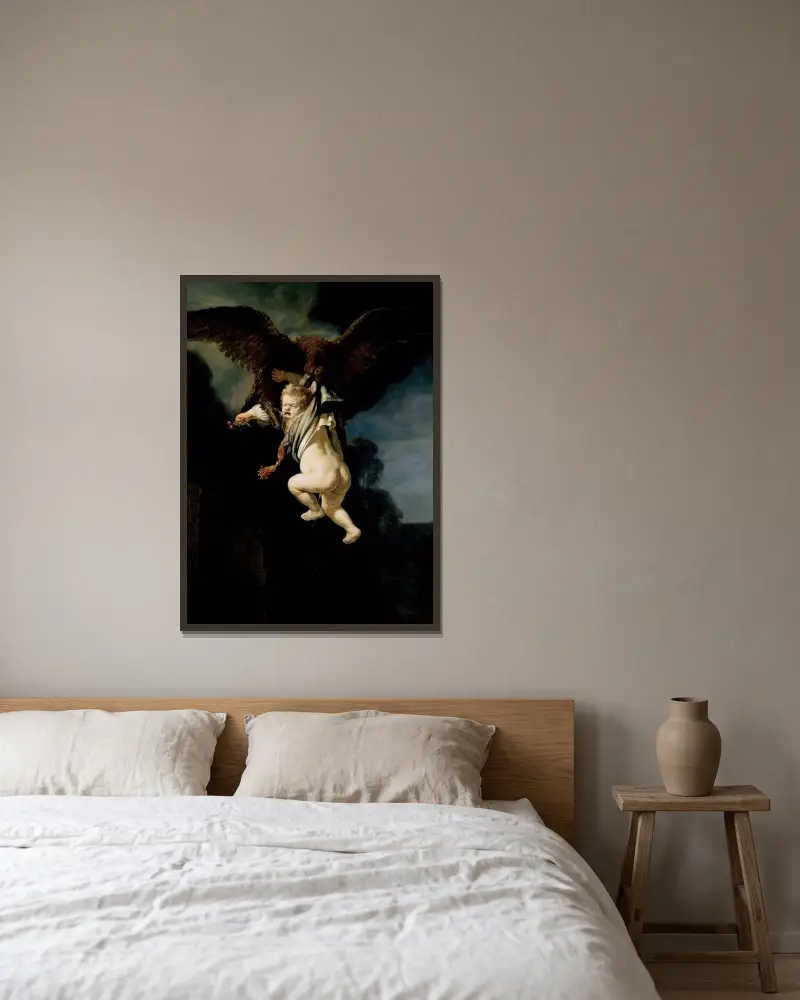 The Abduction of Ganymede av Rembrandt van Rijn inramad på en vägg
