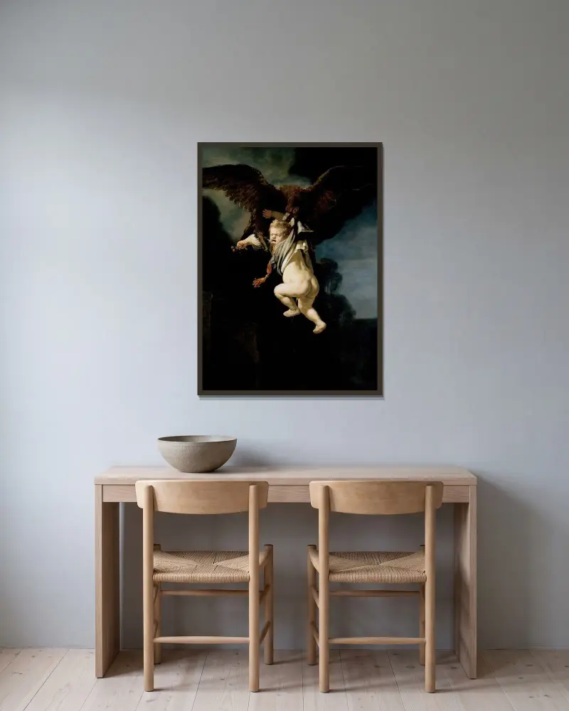 The Abduction of Ganymede av Rembrandt van Rijn inramad på en vägg