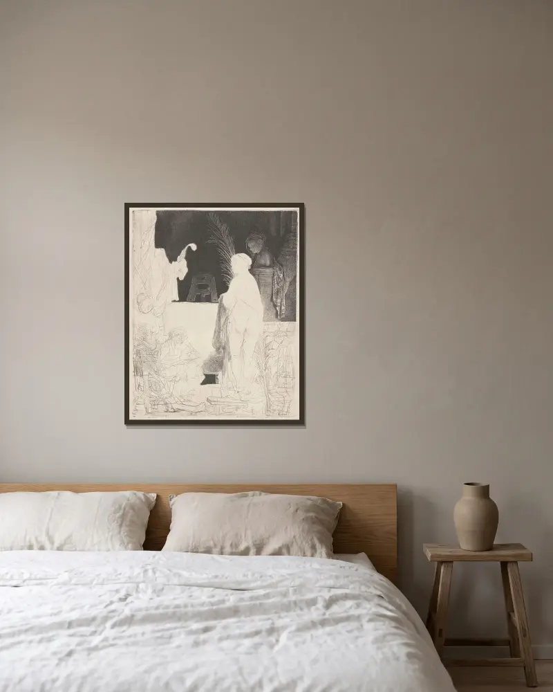Der Künstler zeichnet nach einem Modell von Rembrandt van Rijn gerahmt an einer Wand