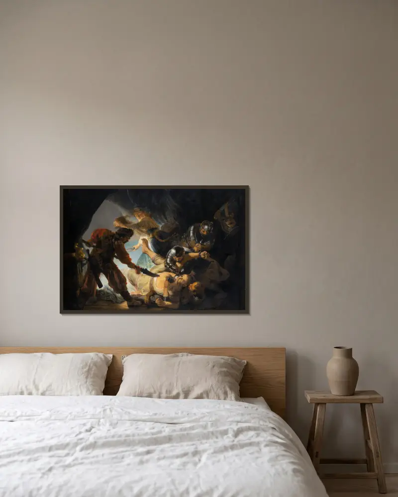 The Blinding of Samson av Rembrandt van Rijn inramad på en vägg