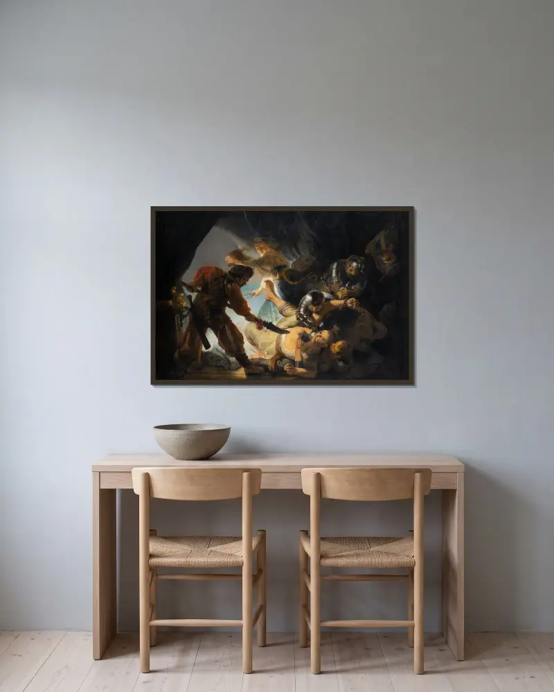 The Blinding of Samson av Rembrandt van Rijn inramad på en vägg