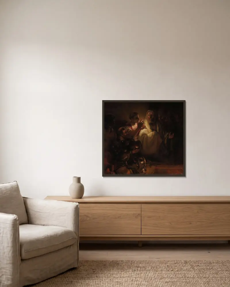 The Denial of St Peter av Rembrandt van Rijn inramad på en vägg