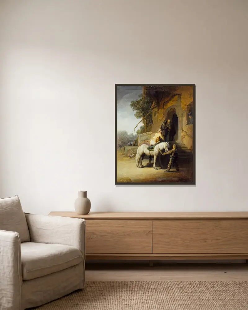 Milosrdný Samaritán, Rembrandt van Rijn v rámu na stěně