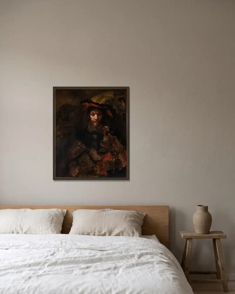The Knight with the Falcon av Rembrandt van Rijn inramad på en vägg