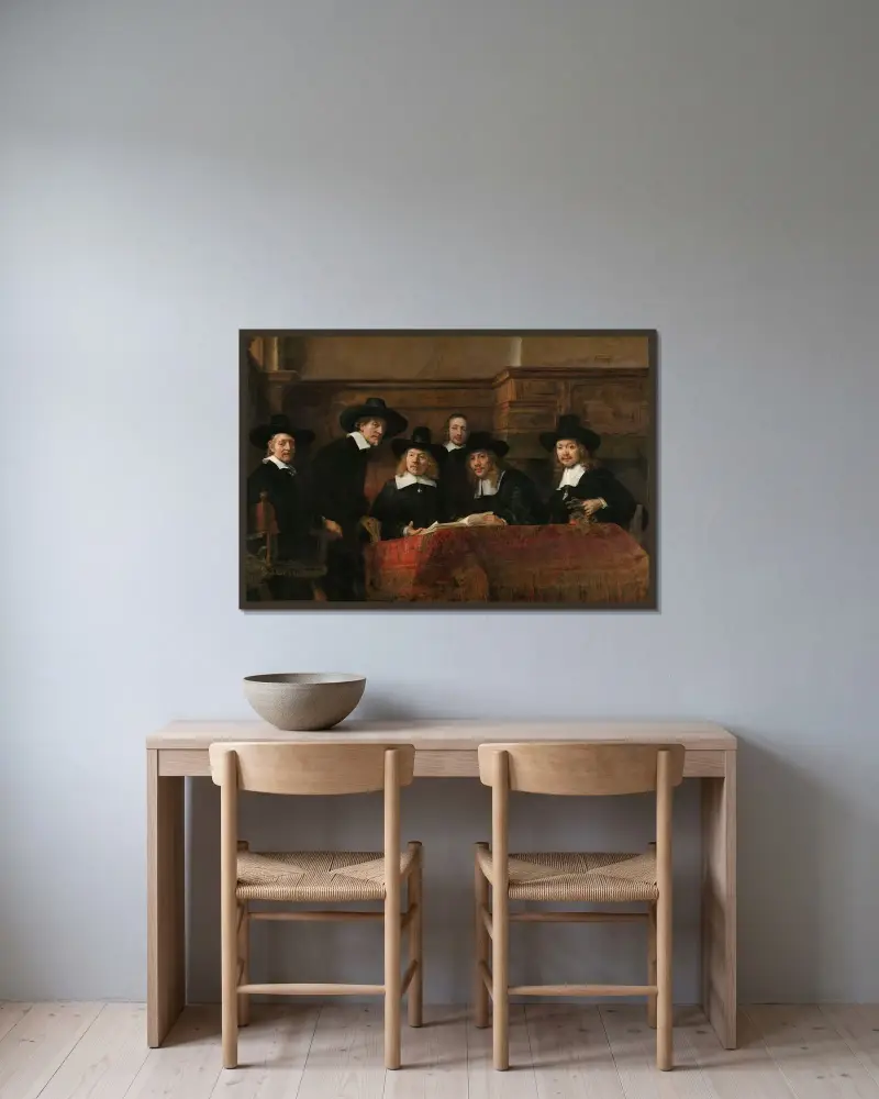 The Sampling Officials of the Amsterdam Drapers’ Guild, Known as ‘The Syndics’ av Rembrandt van Rijn inramad på en vägg