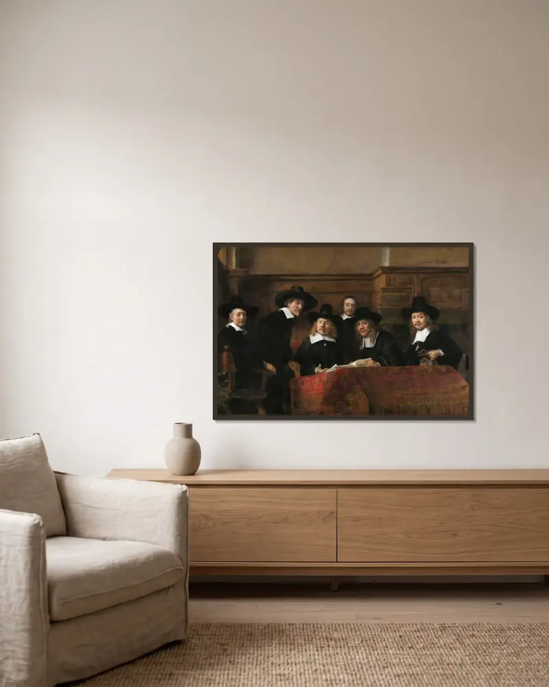 The Sampling Officials of the Drapers’ Guild av Rembrandt van Rijn inramad på en vägg