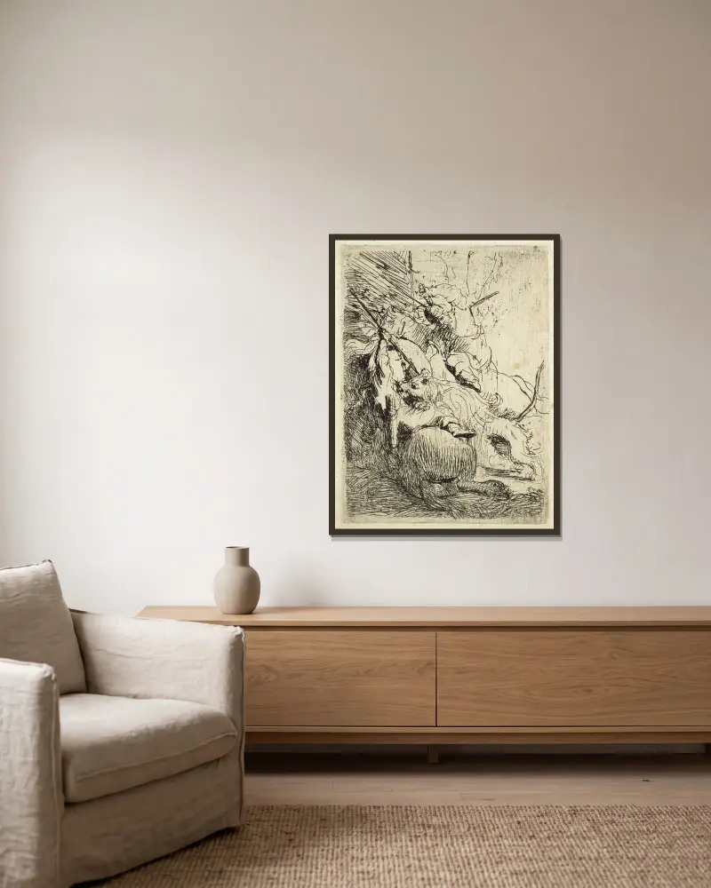 Malý lov na lvy (s jedním lvem), Rembrandt van Rijn v rámu na stěně