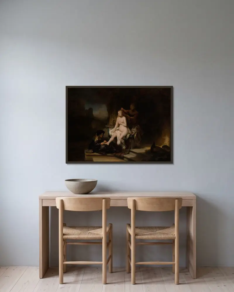 The Toilet of Bathsheba av Rembrandt van Rijn inramad på en vägg