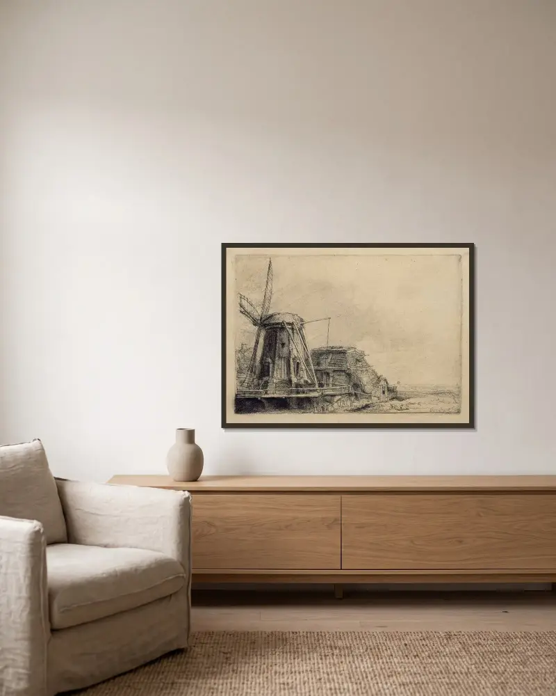 Die Windmühle von Rembrandt van Rijn gerahmt an einer Wand