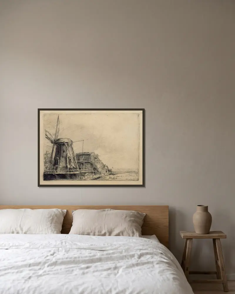 Die Windmühle von Rembrandt van Rijn gerahmt an einer Wand