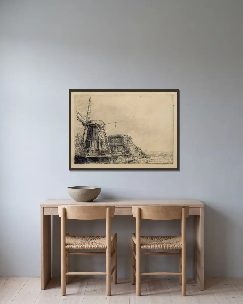 Die Windmühle von Rembrandt van Rijn gerahmt an einer Wand