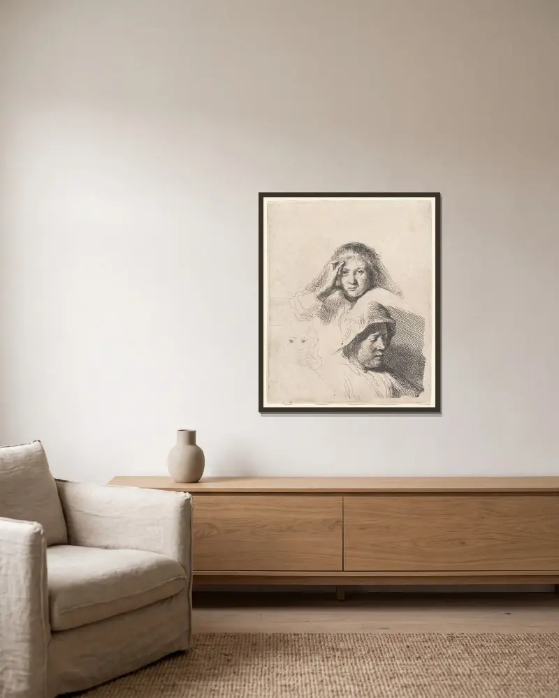 Three Heads of Women, One Lightly Etched av Rembrandt van Rijn inramad på en vägg