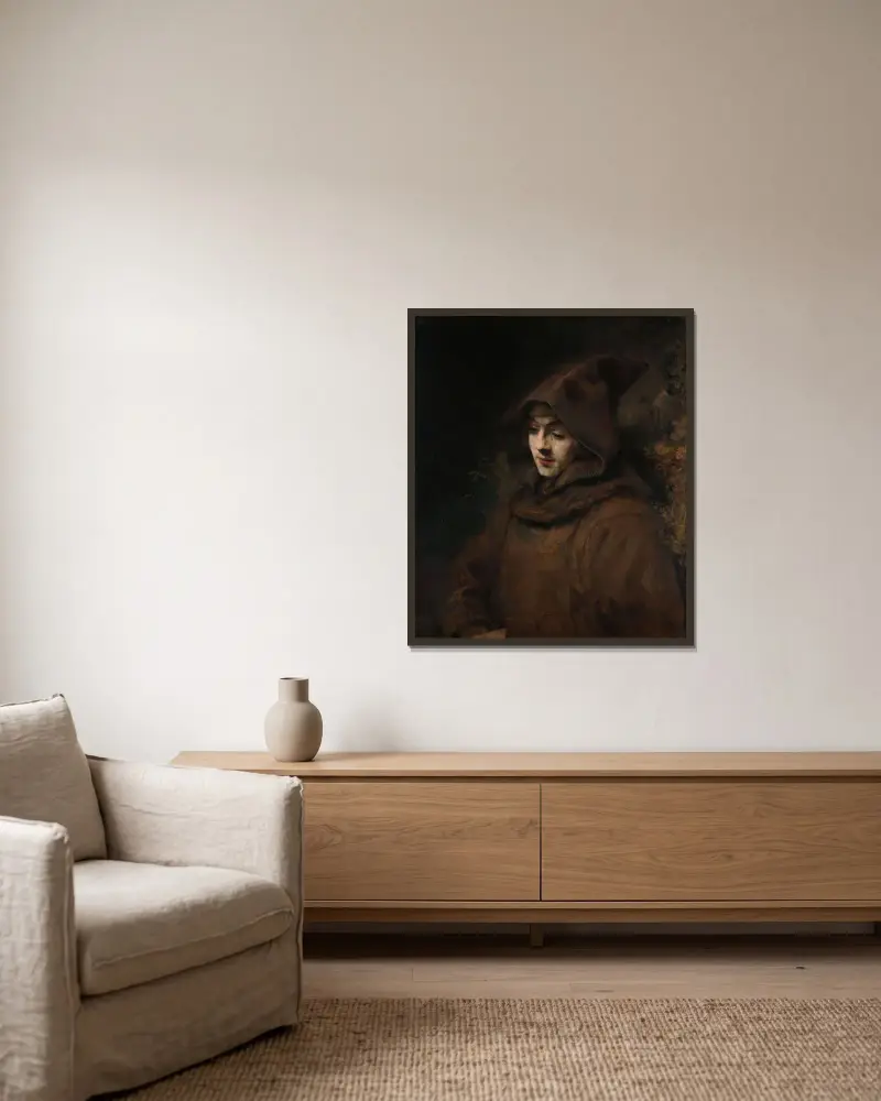 Titus in a Monk’s Habit av Rembrandt van Rijn inramad på en vägg