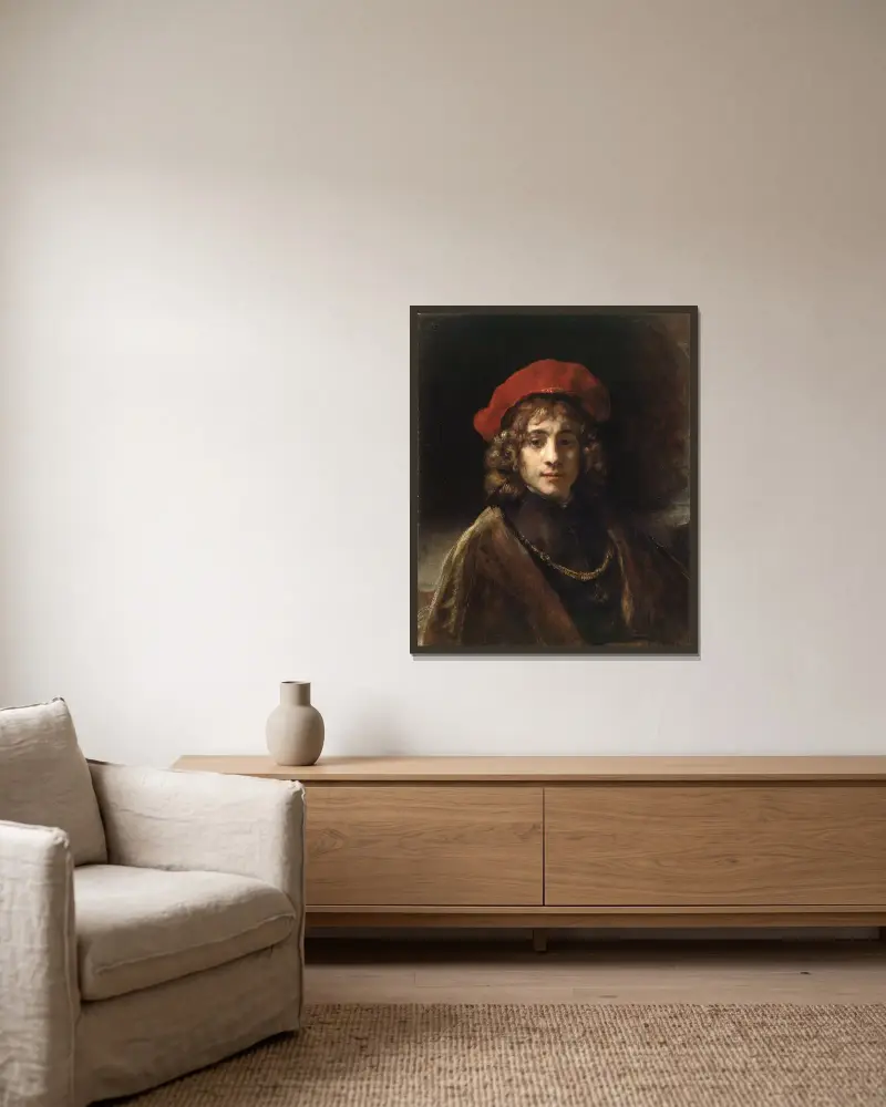 Titus, der Sohn des Künstlers, 1657 von Rembrandt van Rijn gerahmt an einer Wand