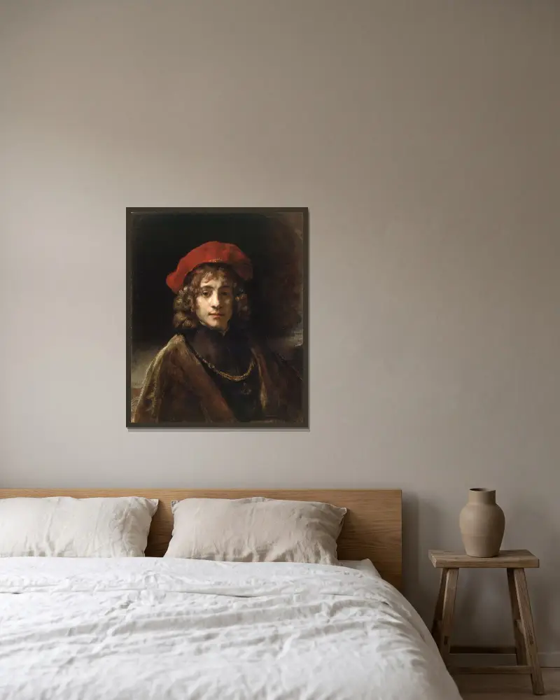 Titus, der Sohn des Künstlers, 1657 von Rembrandt van Rijn gerahmt an einer Wand