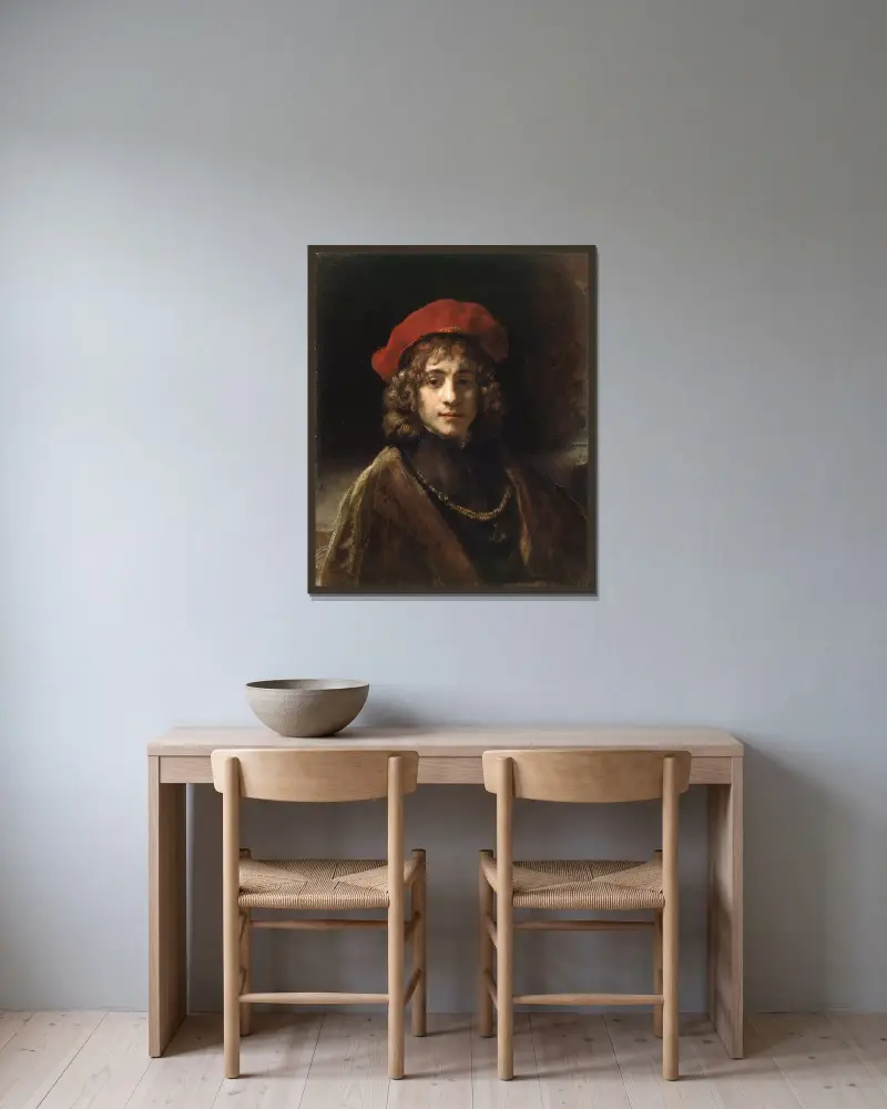Titus, der Sohn des Künstlers, 1657 von Rembrandt van Rijn gerahmt an einer Wand