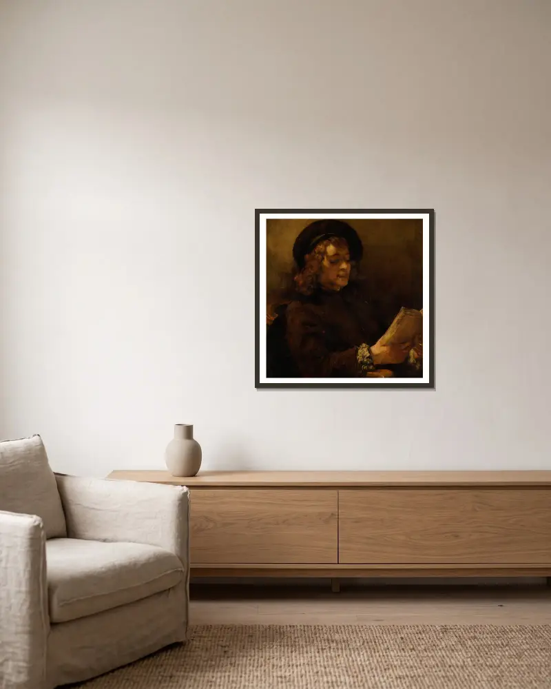 Titus van Rijn, the Artist’s Son, Reading av Rembrandt van Rijn inramad på en vägg