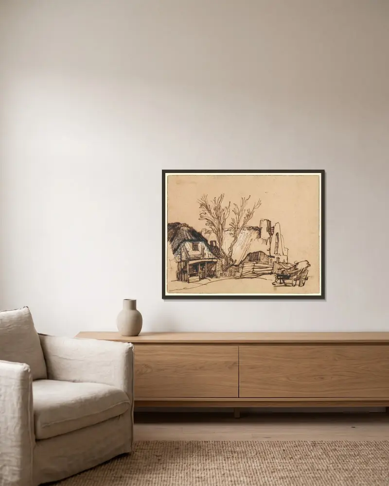 Dvě chalupy, Rembrandt van Rijn v rámu na stěně