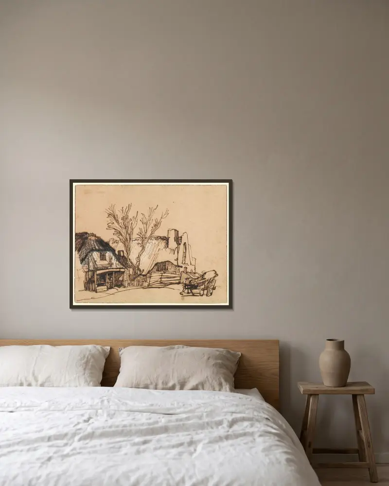 Dvě chalupy, Rembrandt van Rijn v rámu na stěně