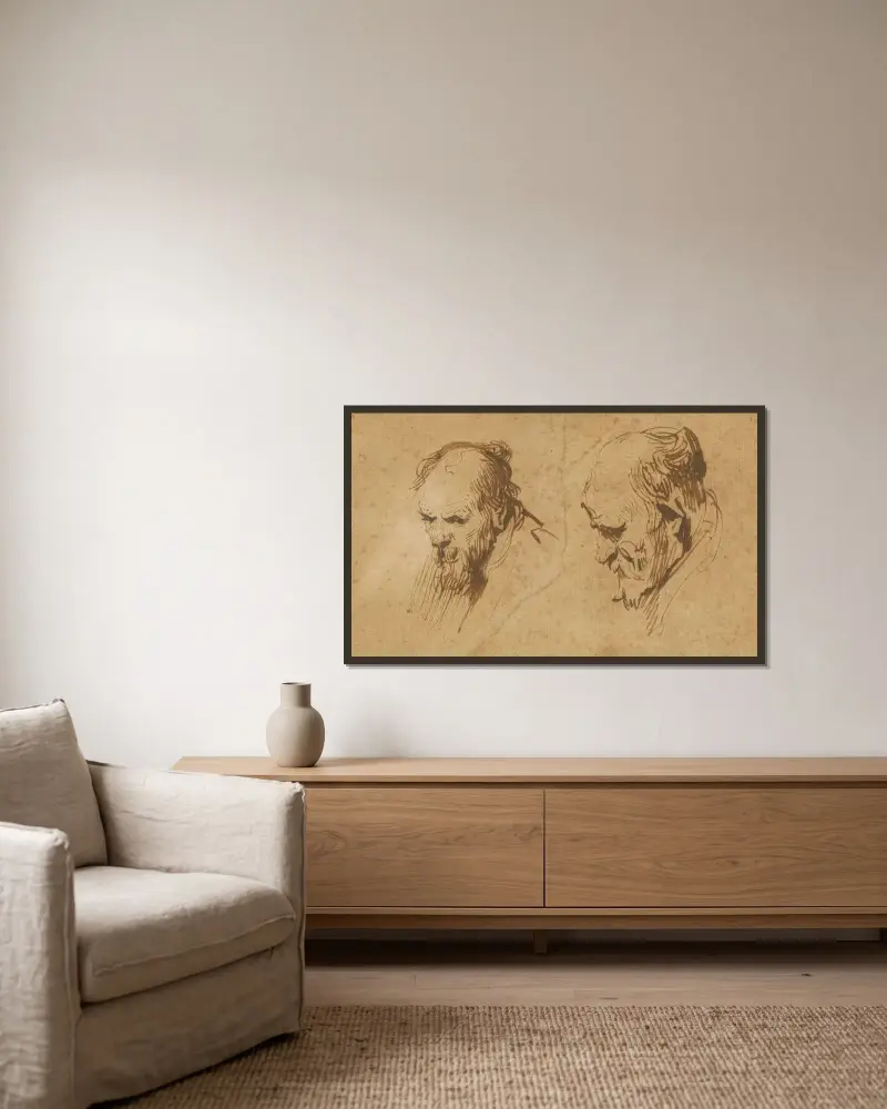 Two Studies of the Head of an Old Man av Rembrandt van Rijn inramad på en vägg