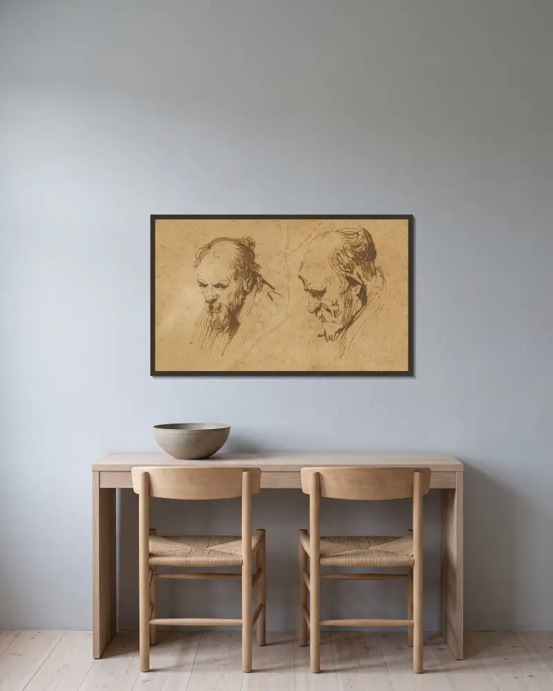Two Studies of the Head of an Old Man av Rembrandt van Rijn inramad på en vägg