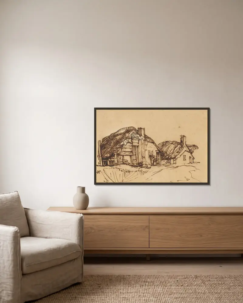 Two Thatched Cottages with Figures at a Window av Rembrandt van Rijn inramad på en vägg
