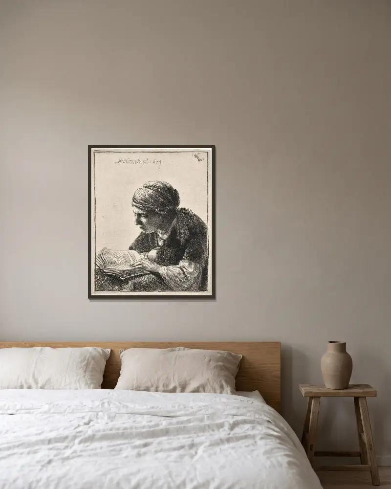 Lesende Frau, 1634 von Rembrandt van Rijn gerahmt an einer Wand