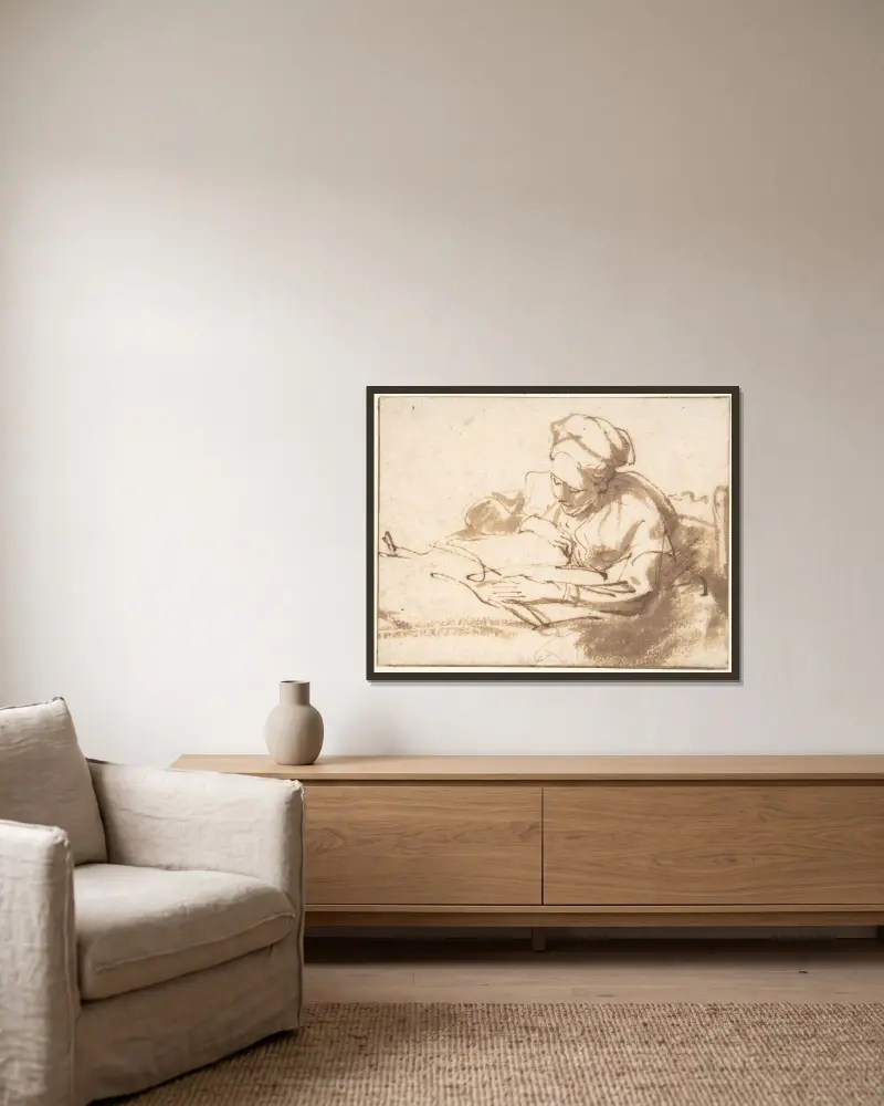 Lesende Frau – Nr. 1 von Rembrandt van Rijn gerahmt an einer Wand