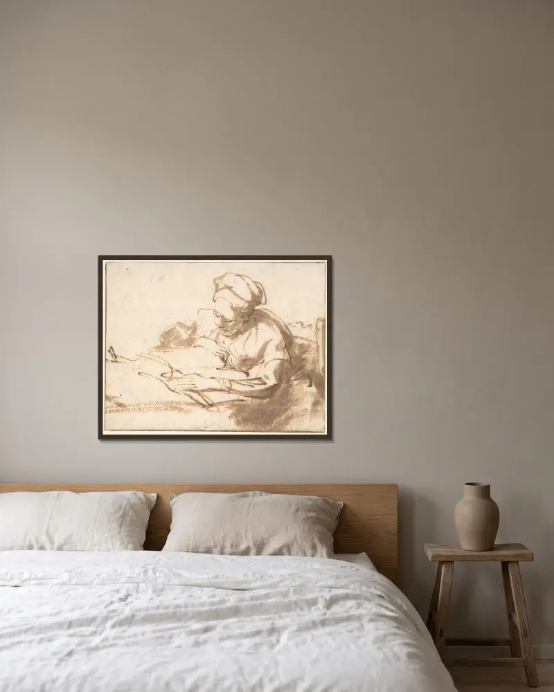 Lesende Frau – Nr. 1 von Rembrandt van Rijn gerahmt an einer Wand